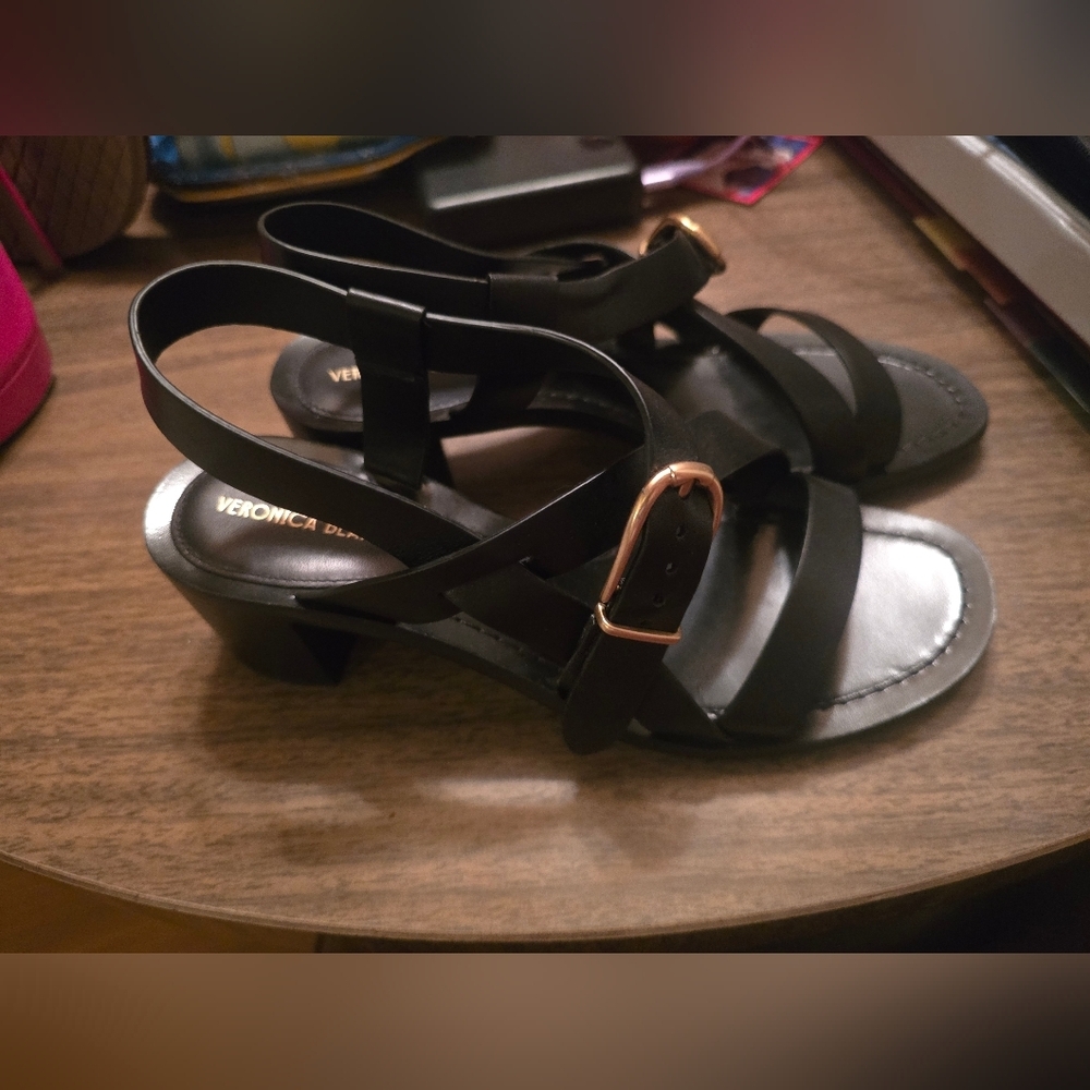 Veronica Beard Etta Leather Slingback Black Sandals with Gold Buckle 7.5